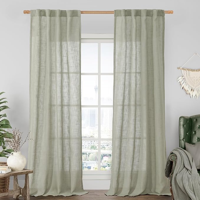 LAMIT Sage Grey Linen Boho Curtains 84 inch Length 2 Panels, Light Filtering by LAMIT