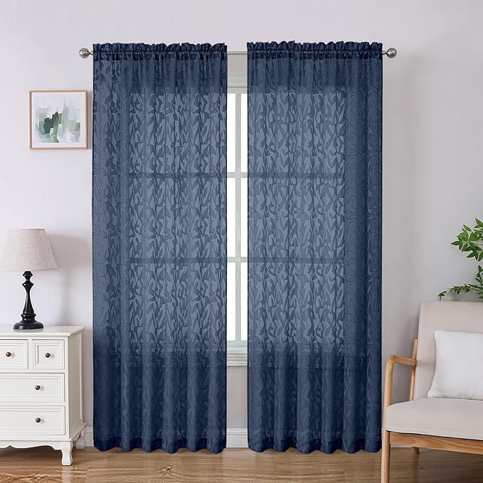 Lecloud Leia Navy Blue Sheer Curtains 84 Inches Long 2 Panels, Airy Leaf by Lecloud