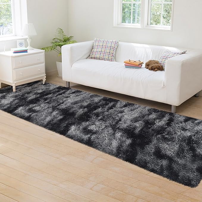 Tie-Dyed Runner Rug for Bedroom Black Grey 2x8ft Fluffy Area Rug Bedside Runner - Image 4
