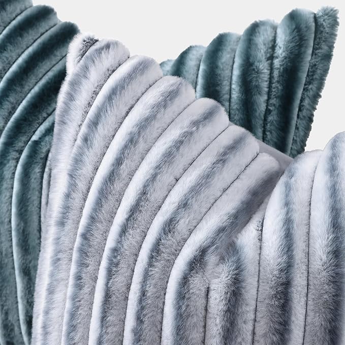 decorUhome Fall Faux Fur Throw Pillow Covers 22x22 Set of 2 Blue Grey | - Image 2