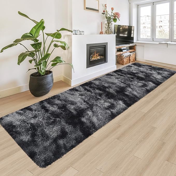 Tie-Dyed Runner Rug for Bedroom Black Grey 2x8ft Fluffy Area Rug Bedside Runner by JiaoBaba