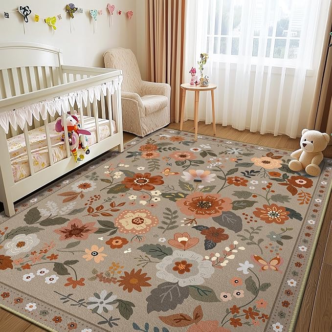 RELEANY Floral Washable 8x10 Area Rugs Brown/Brick | Flower Carpet Print Boho - Image 2