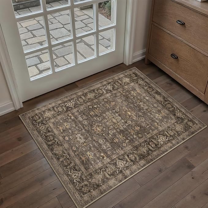 2x3 Washable Area Rug for Entryway Kitchen Vintage Brown Non Slip Low Pile Door - Image 4