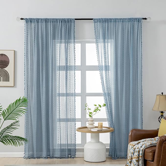 WAZZIO Boho Lace Curtains 84 Inches 2 Panel, Light Filtering Privacy Tassel & - Image 2