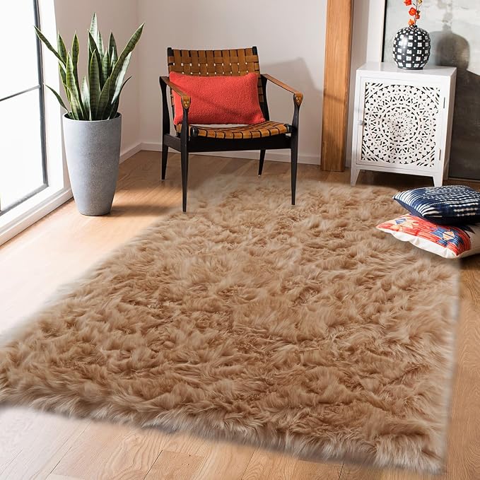 duduta Beige Faux Sheepskin Fur Rug 3x5 ft, Fluffy Shag Bedroom Dorm Nursery - Image 6