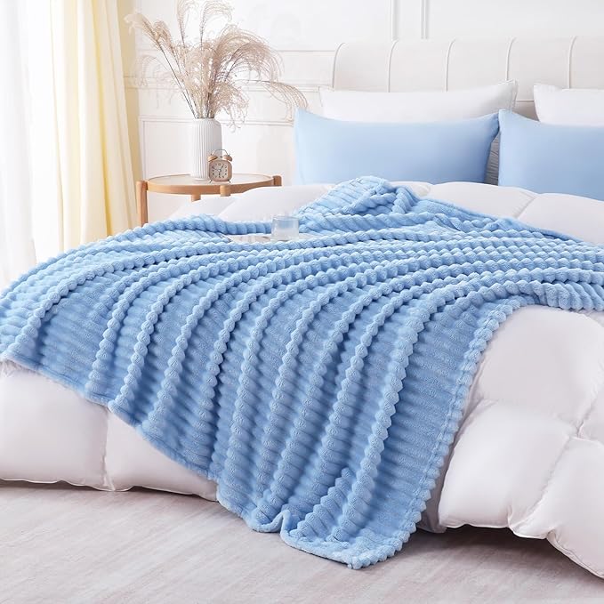 Light Blue Throw Blanket for Couch Sofa 50x70 inches Striped Design | Fleece - Image 5
