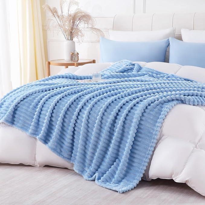 Light Blue Throw Blanket for Couch Sofa 50x60 inches Striped Design | Fleece - Image 5