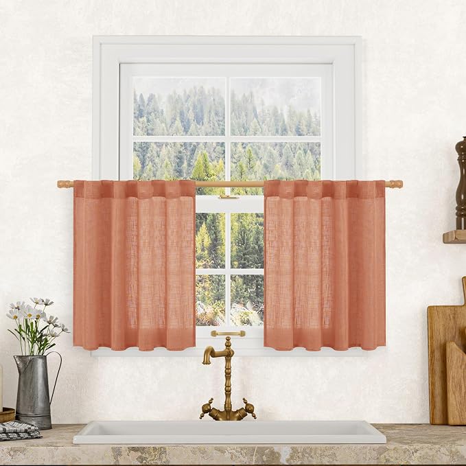 LAMIT Terracotta Semi Sheer Linen Curtains 24 Inch Long, Light Filtering Panels by LAMIT