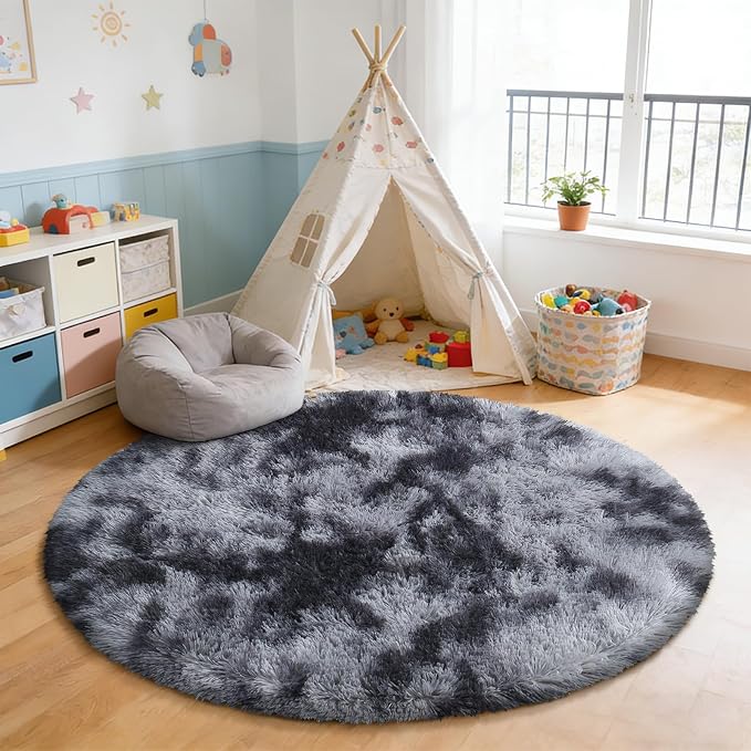 Tie-Dyed Black Fluffy Round Rug, Soft Area Rugs - Image 6