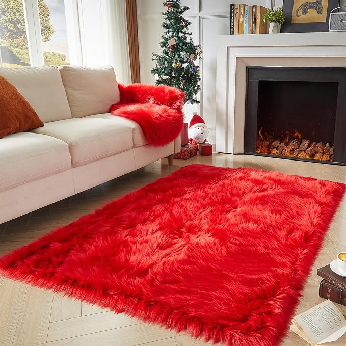 AMTOVO Faux Fur Sheepskin Rug for Living Room, 4 x 6 ft Red Fluffy Area Rug for - Image 3