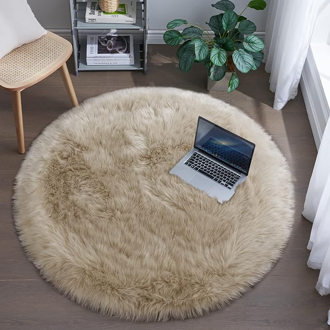 Tangsoo Round Faux Fur Rugs, Sheepskin Round Rugs 3ft, Soft Small Circle Rug by Tangsoo