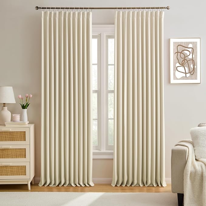 Cream Beige Blackout Pinch Pleated Curtains 95 Inches Long, Privacy Window by KEQIAOSUOCAI