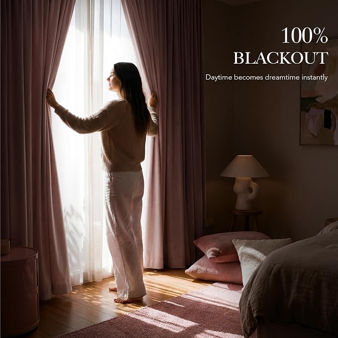 RYB HOME Pink 100%Blackout Linen Curtains - Image 3
