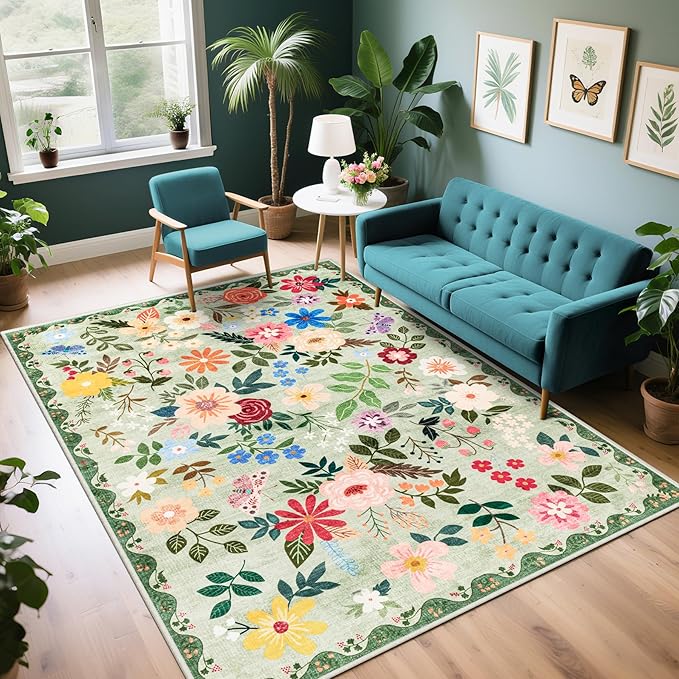 Area Rug Living Room Rugs: Floral 4x6 Washable Rug Vintage Soft Boho Non-Slip by PLHXFRSoftAreaRugs