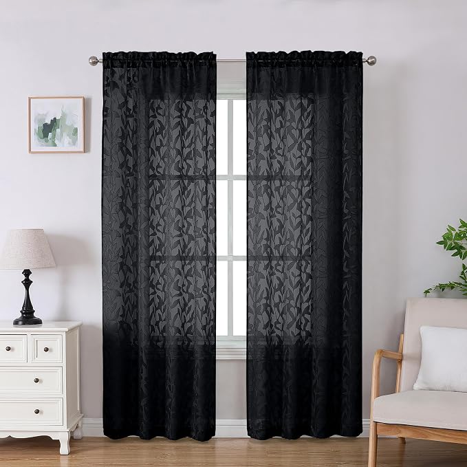 Lecloud Leia Jacquard Textured Leaf Sheer Black Curtains 84 Inches Long 2 Panels by Lecloud