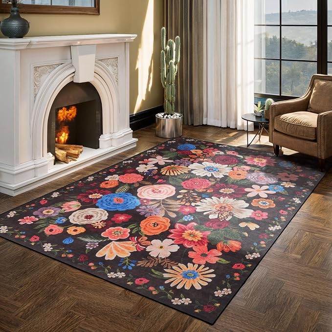 Floral Washable 6x9 Area Rugs, Soft Black/Brown Bedroom Rug - Image 6