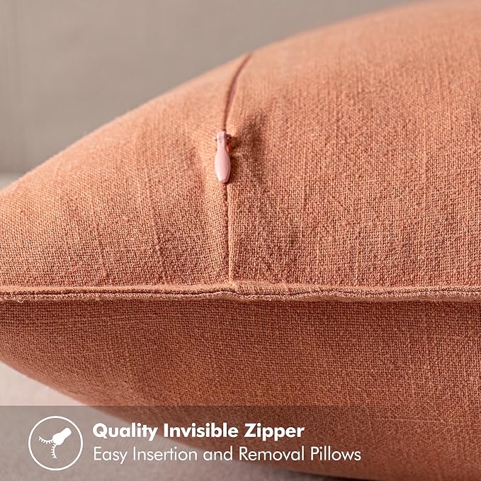 MIULEE Decorative Linen Euro Sham Pillow Covers 24x24 Coral ​Boho Farmhouse​ - Image 3