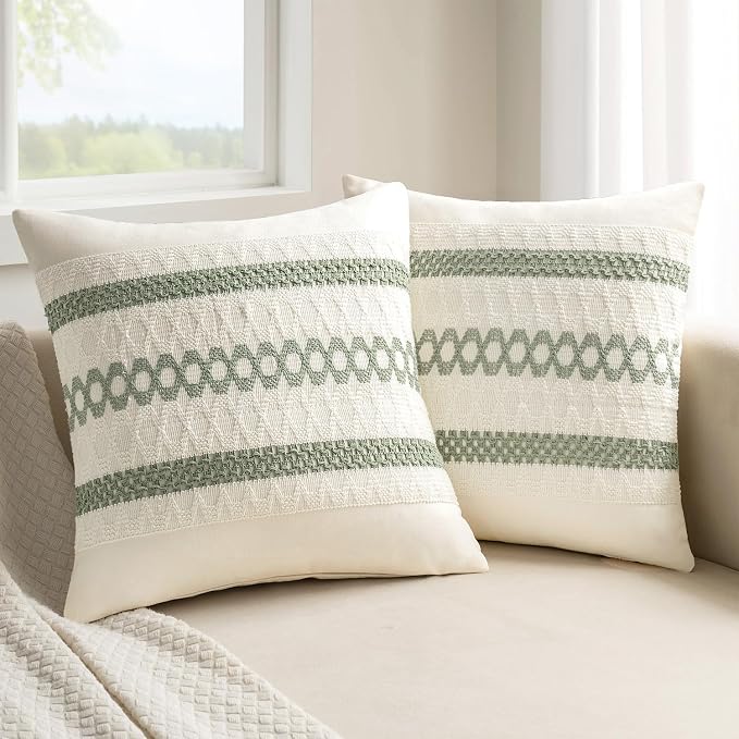 MIULEE Set of 2 Sage Green Boho Decorative Pillow Covers 24x24 Inch | Farmhouse by MIULEE
