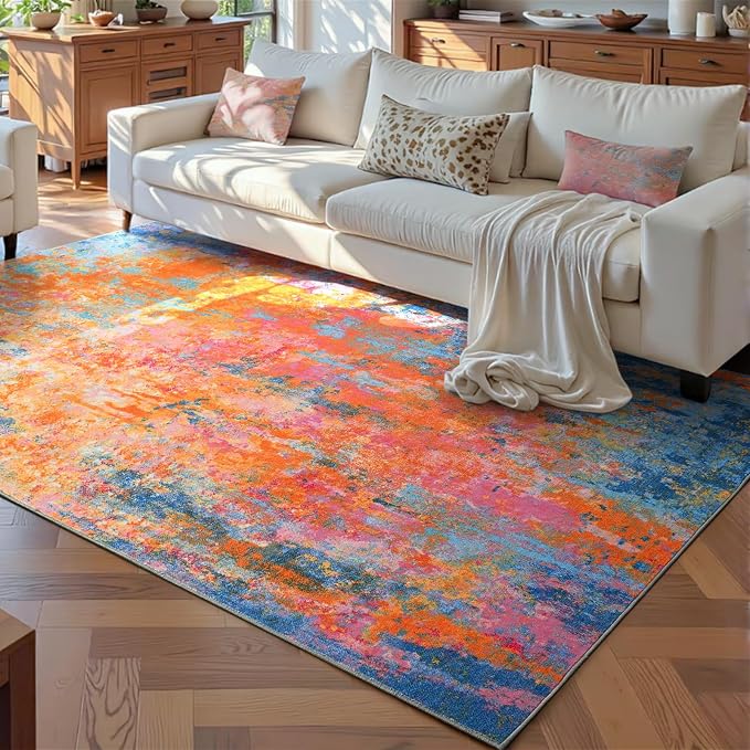 Ompaa Living Room Rug 5x7 Rainbow Area Rugs Washable Boho Colorful Rug Non Slip - Image 2