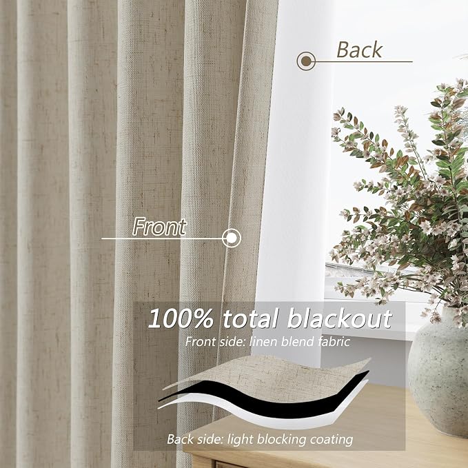 100% Blackout Linen Curtains for Bedroom 90 inches Long, Thermal Insulated Room - Image 4