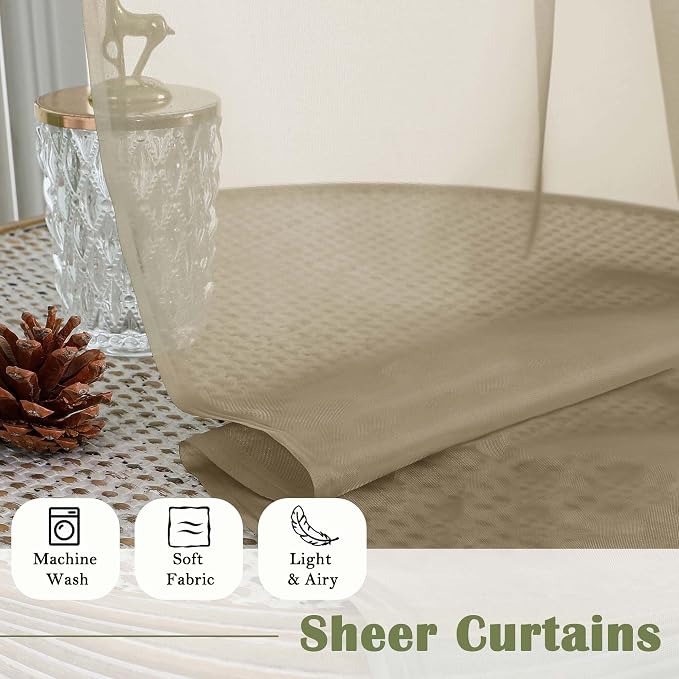 Lecloud Taupe Sheer Curtains 108 Inches Long 2 Panels, Dual Rod Pocket Light - Image 8