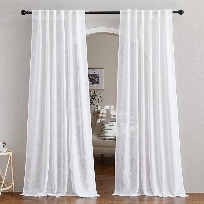 NICETOWN White Linen Sheer Curtains 90" Length, Rod Pocket & Back Tab Window by NICETOWN