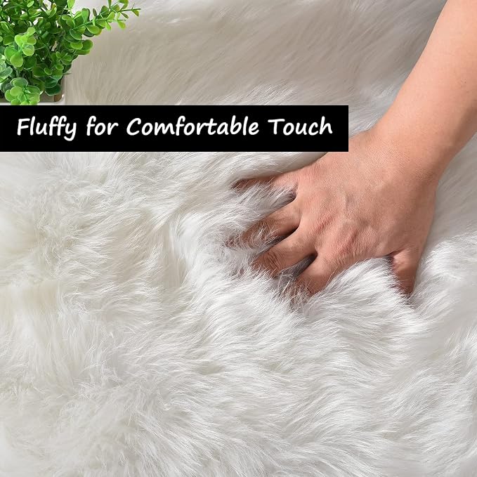 Goolela White Round Area Rug 5ft Fluffy Circle Faux Fur Sheepskin Carpet - Image 2