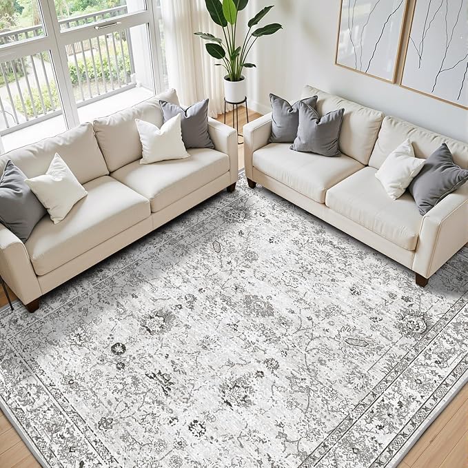 Grey White Area Rugs 10x14 Living Room, Non Slip Machine Washable Floral Rugs - Image 3