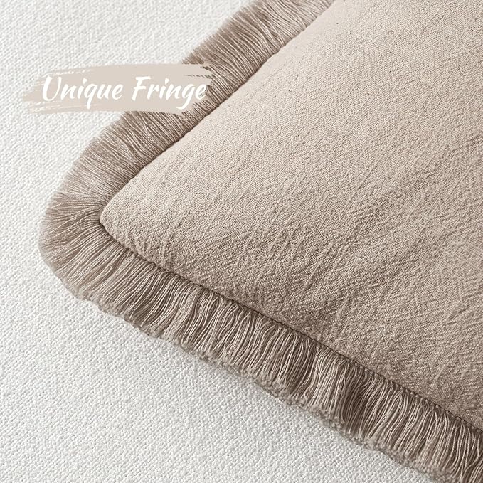 MIULEE Boho Natural Linen Fringe Decorative Throw Pillow Covers 20x20 | Set of 2 - Image 4