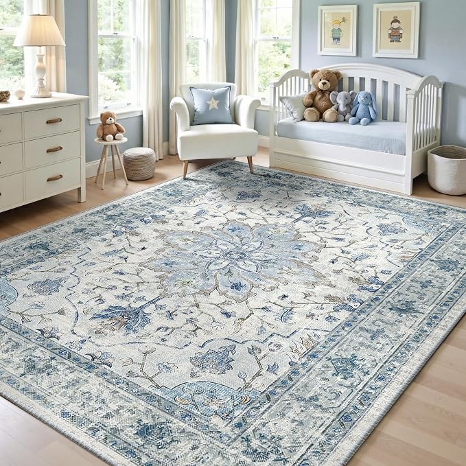 Area Rugs 5'x7' Washable Non-Slip, Floral Vintage Distress Print Pattern by RELEANY