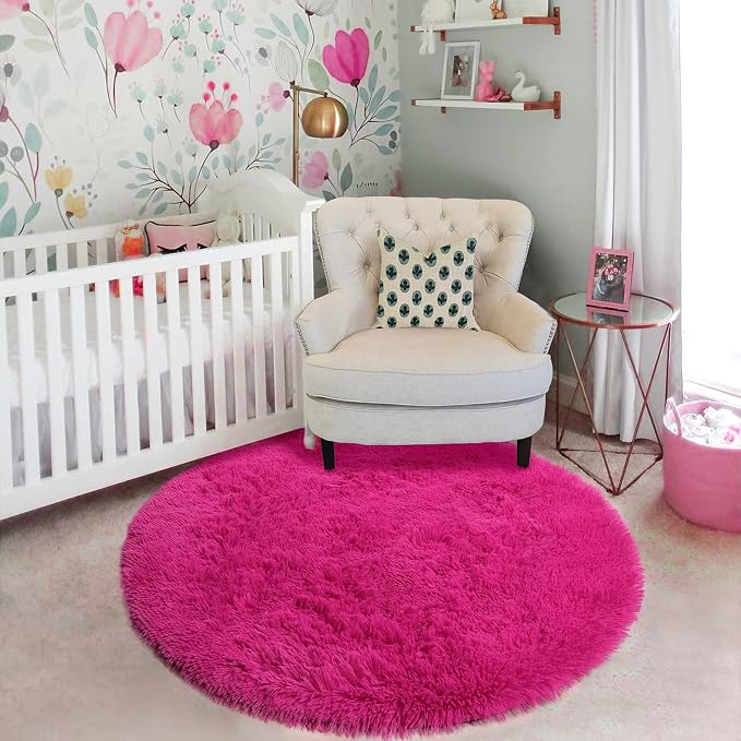 Hot Pink Round Rugs 5Ft for Girls Bedroom, Fluffy Circle Area Rug for Kids Room - Image 6