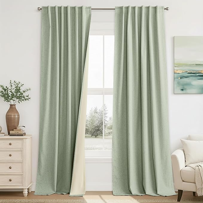 RYB HOME 100% Blackout Sage Green Linen Curtains, Light & Heat Blocking Thermal by RYBHOME