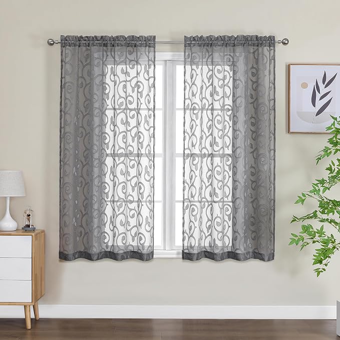 OWENIE Furman Grey Sheer Curtains 54 Inch Length 2 Panels Set - Image 2