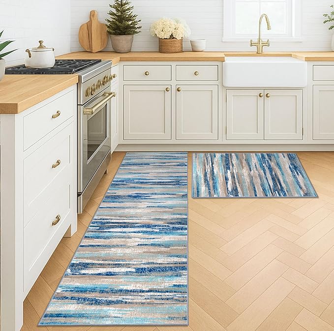 Lansny Modern Abstract Kitchen Rug Set of 2, 2x3 and 2x6 Blue Washable Rug - Image 2