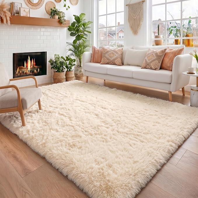 Amdrebio Beige Boho Furry Small Area Rug 3x5 by Amdrebio