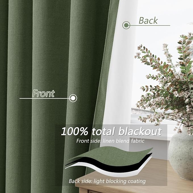 Guken Olive Green 100% Blackout Curtains 90 Inch Length 2 Panels Set - Image 4