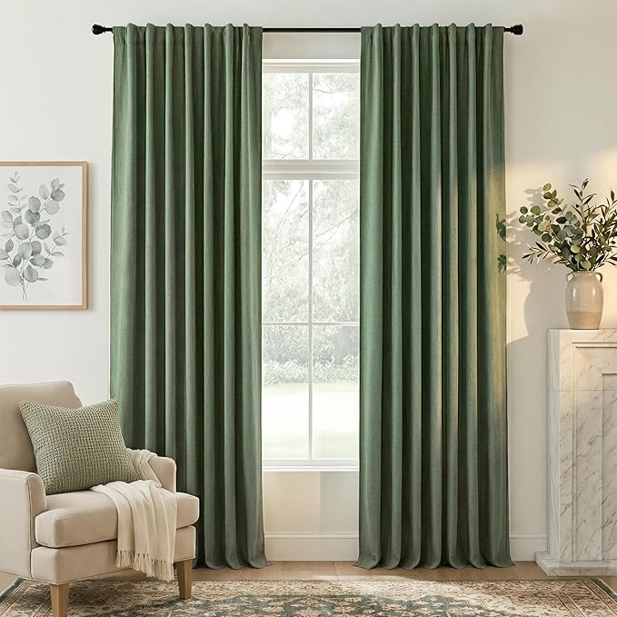 RYB HOME Forest Green 100% Blackout Linen Curtains 96 Length 52 Width, Privacy by RYBHOME