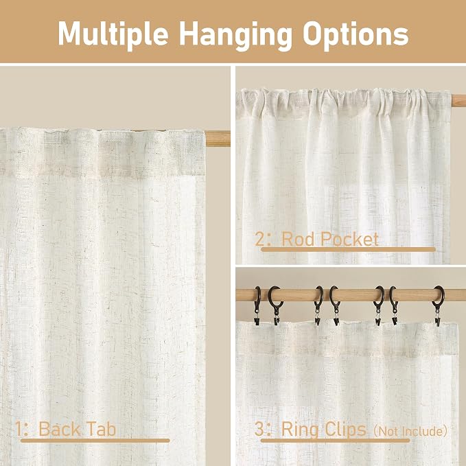 LAMIT Cream Linen Boho Curtains, 78 inch Length, 2 Panels, Light Filtering Semi - Image 3
