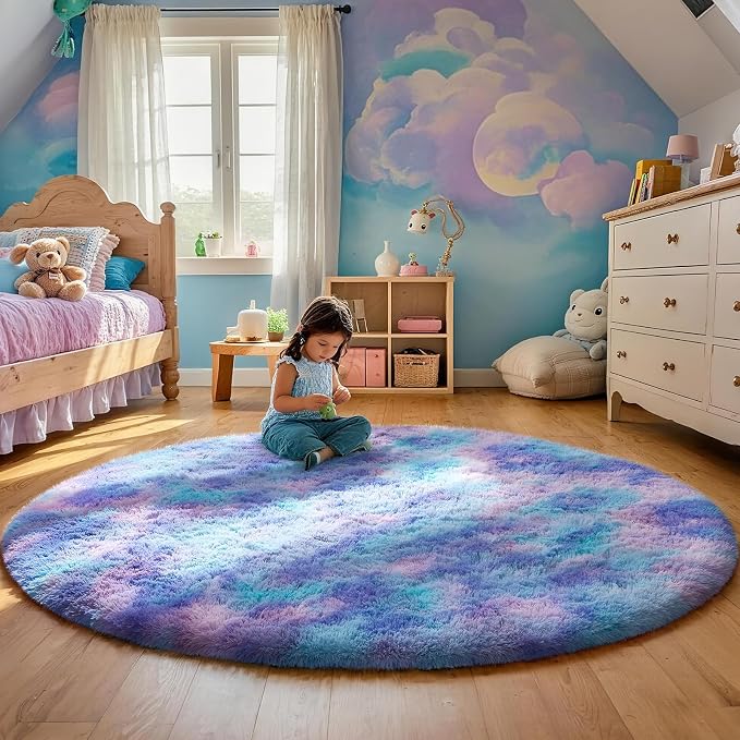 Ophanie Round Rugs 5Ft Tie-Dye Rainbow Purple Area Rug, Aesthetic Room Decor - Image 2