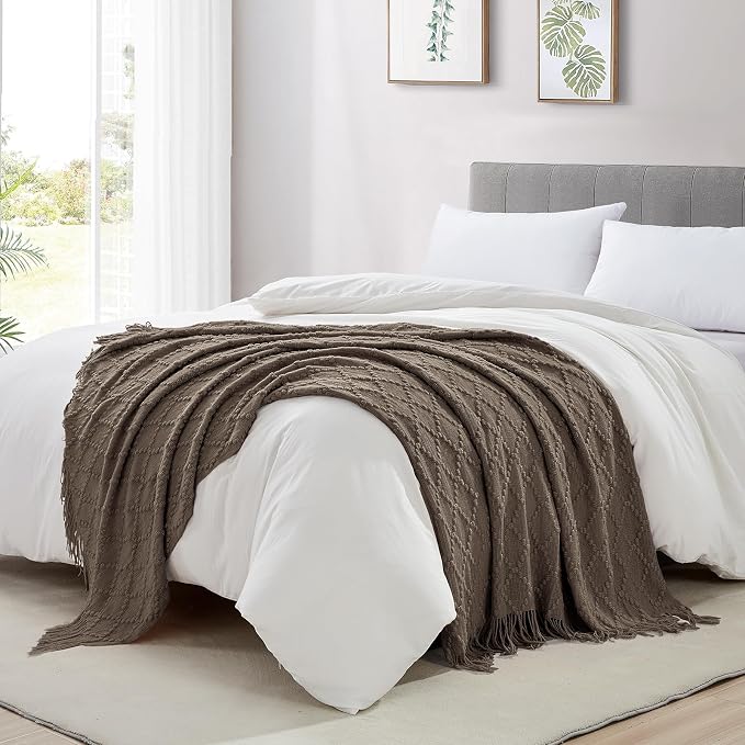 BOURINA Brown Throw Blanket 50 x70 Inches Jacquard Argyle Throw Textured Solid - Image 3
