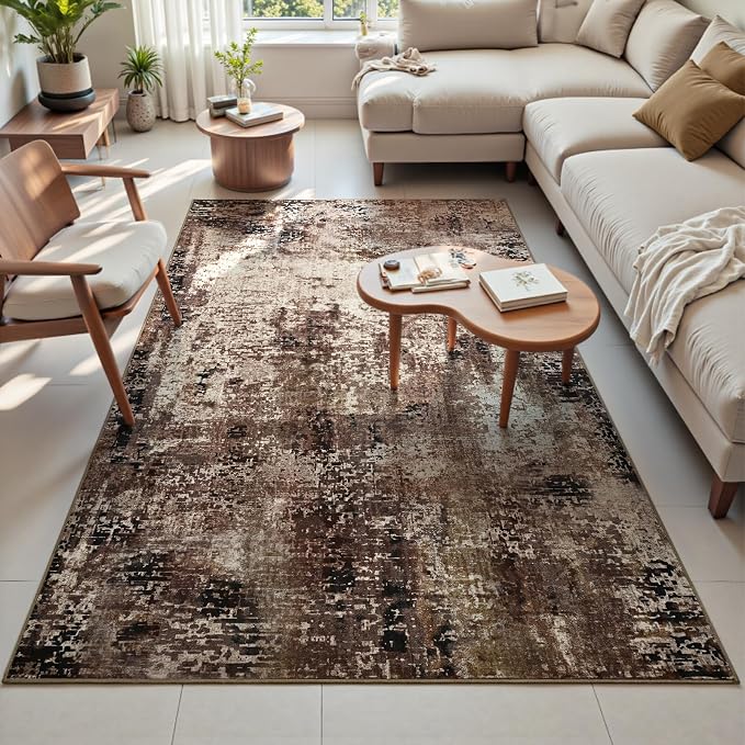Area Rug 4x6 Brown Rug Washable Boho Rugs Non Slip Low Pile Abstract Coffee - Image 2