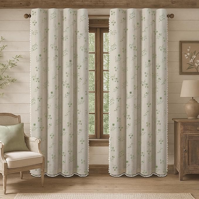 Boho Floral Spring 100% Blackout Curtains 84 Inch Length 2 Panels Set, Linen - Image 2