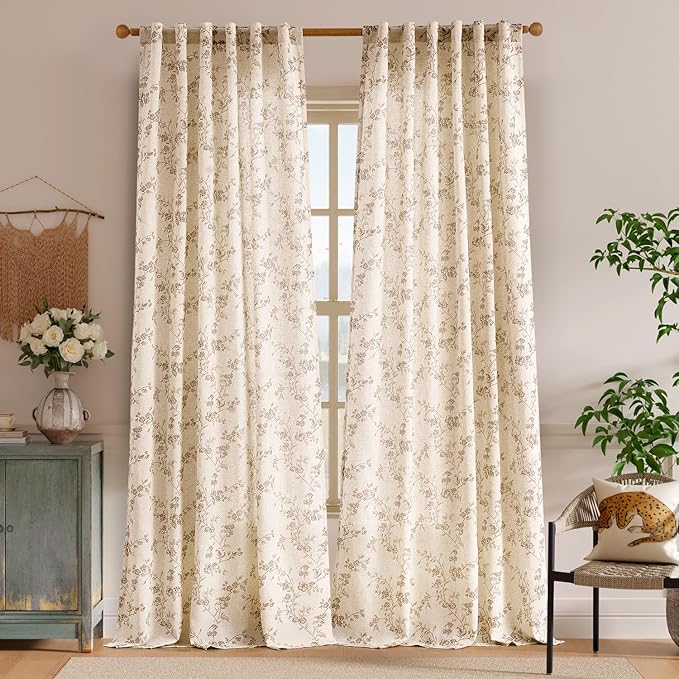 "Lazzzy Farmhouse Polyester blended Curtains Taupe Floral Curtains 96 Inch - Image 2
