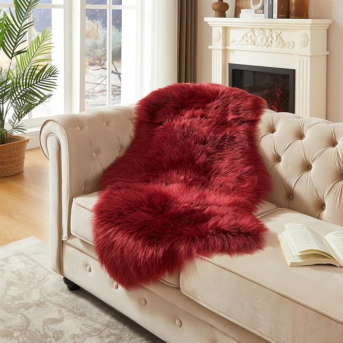 AMTOVO Faux Fur Rug, Burgundy Area Rug, Fluffy Sheepskin Rug, Fuzzy Ultra Soft - Image 3