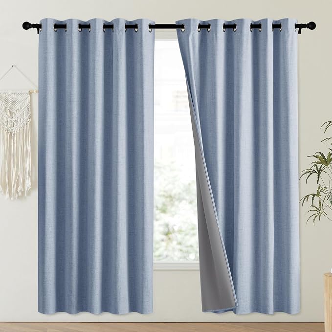 NICETOWN Stone Blue Vintage Linen 100% Blackout Curtains - Image 2