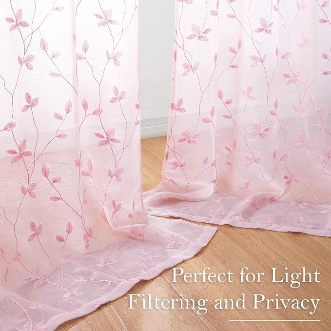 HOMEIDEAS Pink Sheer Curtains 52 X 63 Inches Length 2 Panels Embroidered Vine - Image 6