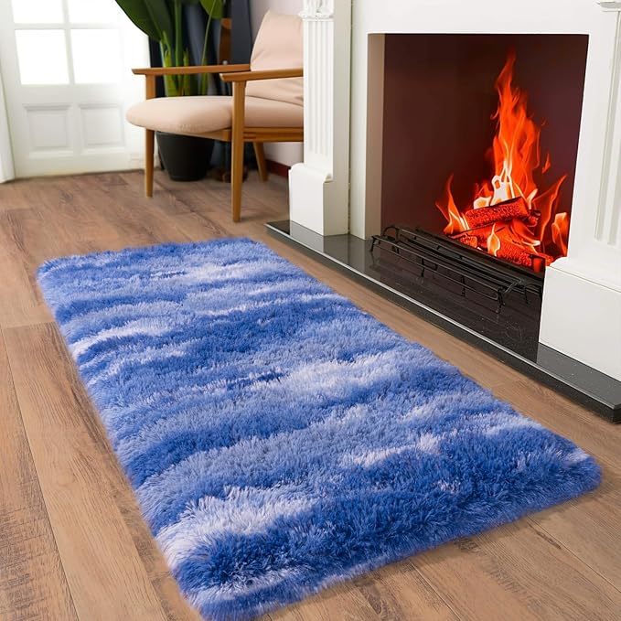 Soft Runner Rugs for Bedroom Hallways, 2x4 Abstract Blue White Fluffy Shag - Image 4