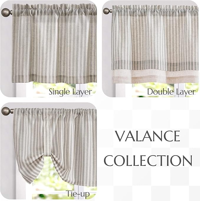 jinchan Linen Valance Curtain Striped Grey Small Window Curtain Double Layer - Image 7