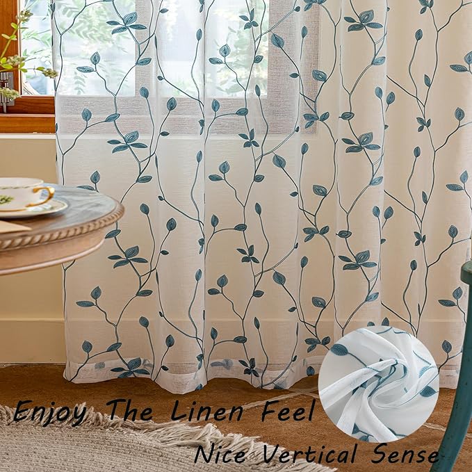 AmHoo 2 Panels Embroidered Leaf Pattern Semi Sheer Curtains Foliage Floral - Image 5