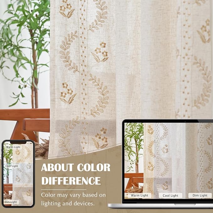 jinchan Belrose Linen Curtains for Bedroom Floral Curtains 108 Inch Length - Image 8